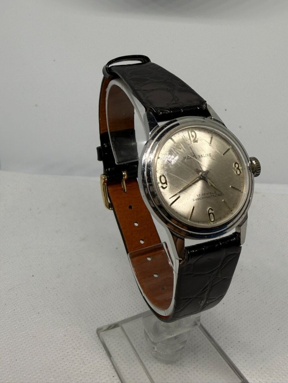 Michel Valine 17 Jewels Shock-Protected Silver Dial Black Leather Men’s Watch